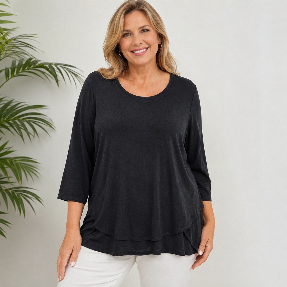 Chico's Travelers Black 3/4 Sleeve Scoop Neck Layered Hem Tunic Top Size 3 XL